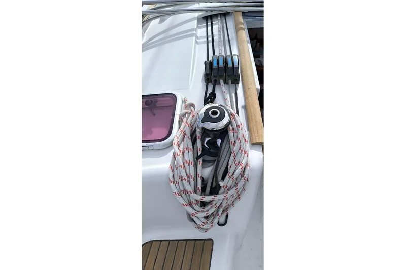  Yacht Photos Pics Deck of 2011 Beneteau Oceanis 40 sailboat with coiled rope and winch.