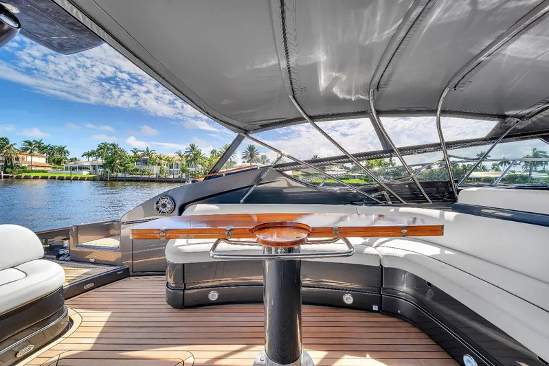 Joe Yacht Photos Pics Luxurious 2015 Riva 63 Virtus yacht interior with elegant seating and scenic waterfront view.