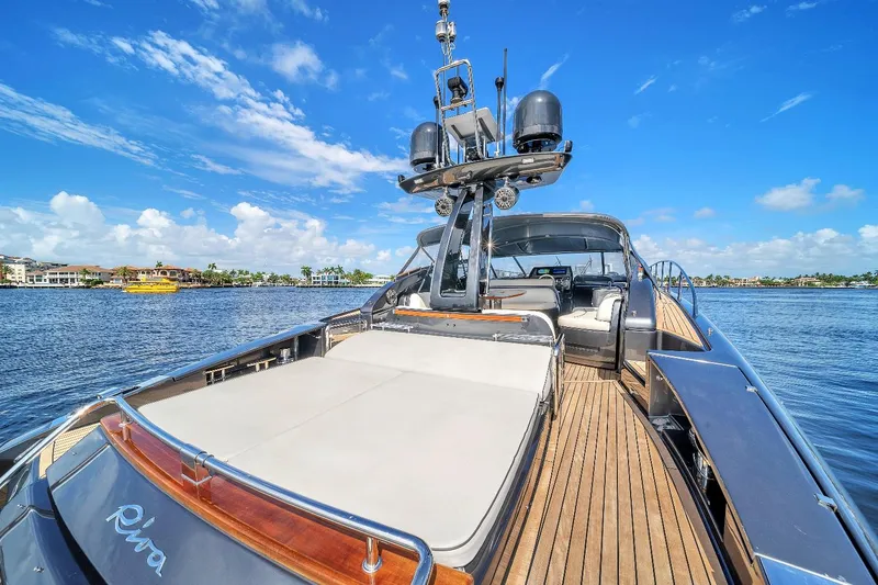Joe Yacht Photos Pics 2015 Riva 63 Virtus luxury yacht on serene water under clear blue sky.