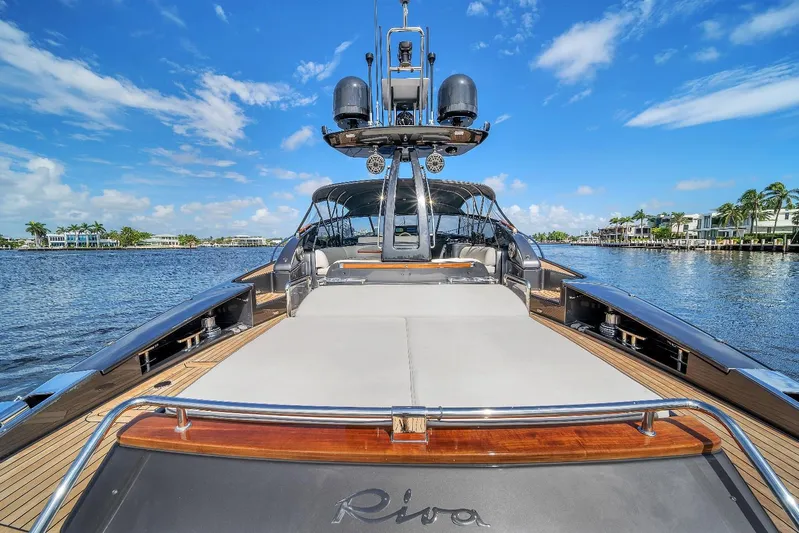 Joe Yacht Photos Pics Luxury 2015 Riva 63 Virtus yacht on serene water under blue sky.
