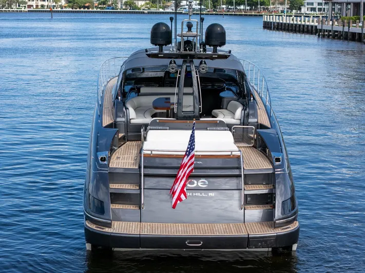 Joe Yacht Photos Pics 2015 Riva 63 Virtus yacht on water, rear view with American flag.