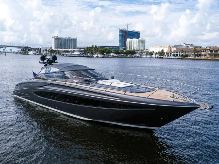 Joe Yacht Photos Pics Luxurious 2015 Riva 63 Virtus yacht cruising on a scenic waterfront with city skyline.