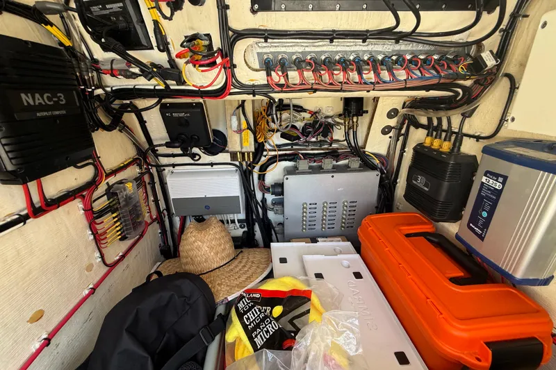  Yacht Photos Pics Electrical system setup in a 2019 Calcutta 263 boat, featuring wiring and equipment.