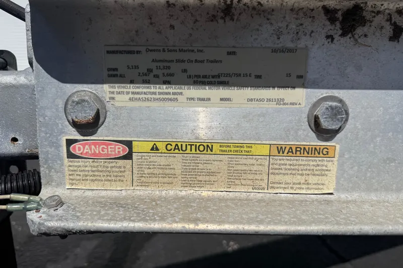  Yacht Photos Pics Metal trailer label with safety warnings and specifications, Calcutta 263, 2019 model.