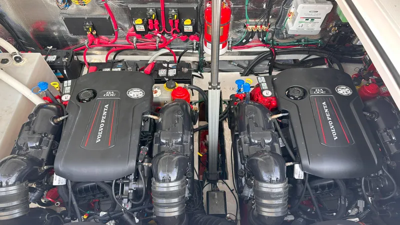  Yacht Photos Pics Engine compartment of 2021 Regal 33 Express with dual Volvo Penta V8 engines.
