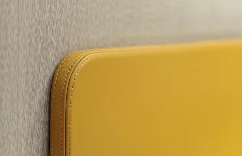  Yacht Photos Pics Yellow leather upholstery detail on 2025 Cranchi Sessantadue 62 yacht.