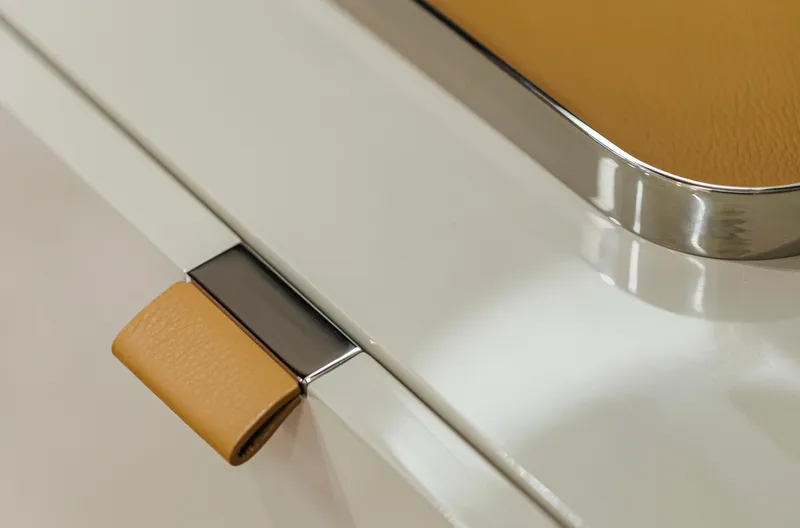  Yacht Photos Pics Detail of Cranchi Sessantadue 62 yacht interior, featuring sleek design and leather accents, 2025 model.