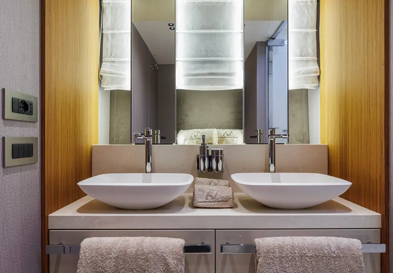 Yacht Photos Pics Luxury bathroom with dual sinks in 2025 Cranchi Sessantadue 62 yacht.