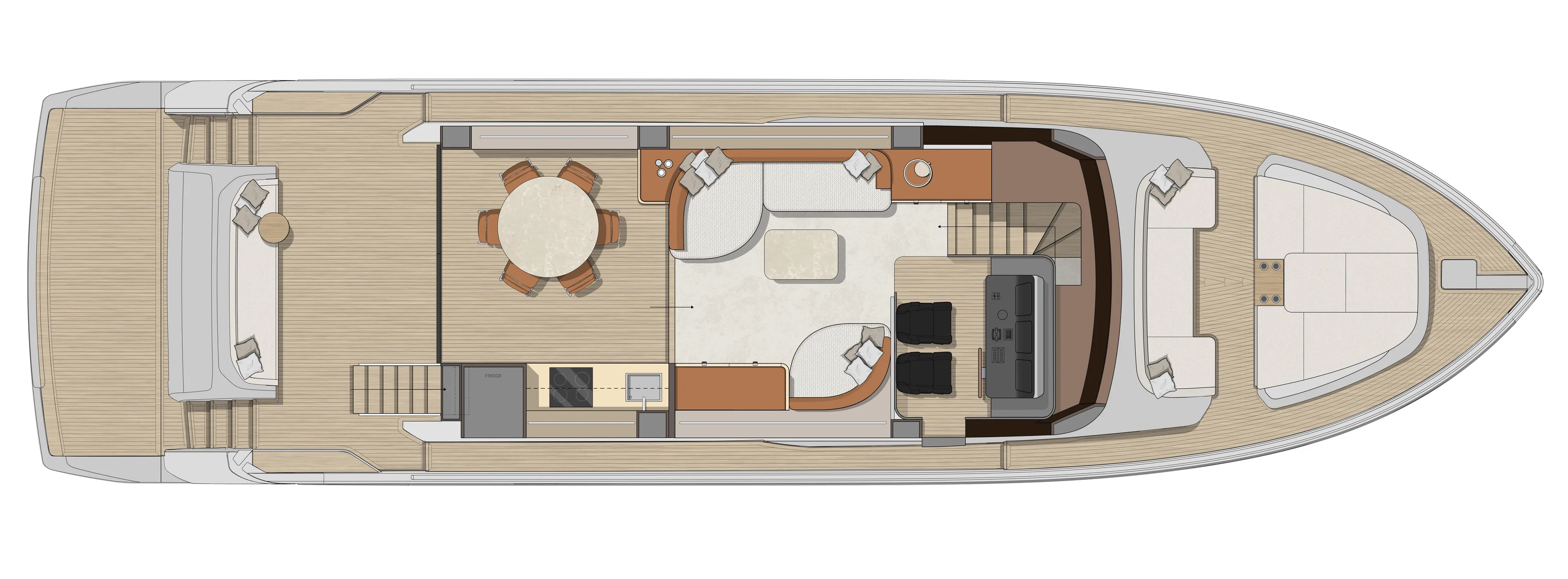  Yacht Photos Pics Top view layout of 2025 Cranchi Sessantadue 62 yacht, showcasing interior and deck design.