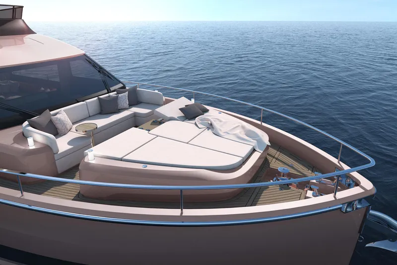  Yacht Photos Pics Luxurious 2025 Cranchi Sessantadue 62 yacht with elegant deck seating and ocean view.