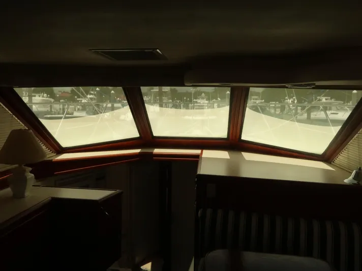  Yacht Photos Pics Interior view of 1994 Hatteras 42 Cockpit Motor Yacht with large windows and cozy seating.