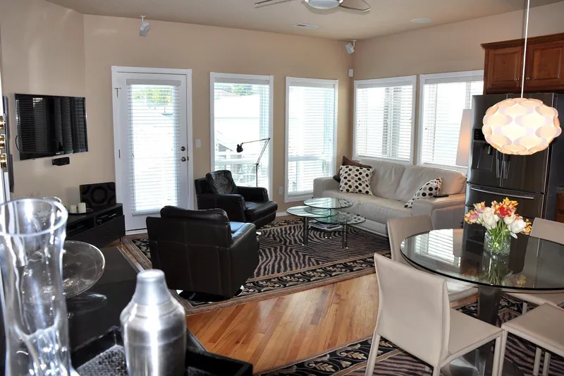  Yacht Photos Pics Modern living area in Steelhead Marine Boat House, featuring stylish furniture and decor.