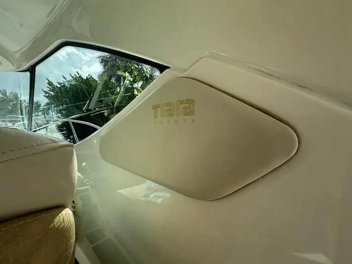 2008 Tiara 3500 Sovran Yacht Photos Pics 2008 Tiara Yachts 3500 Sovran interior with logo detail and window view.