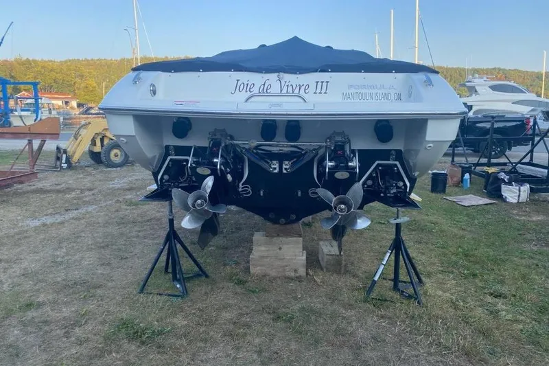  Yacht Photos Pics 2016 Formula 353 FASTech boat on stands, rear view, with dual propellers.