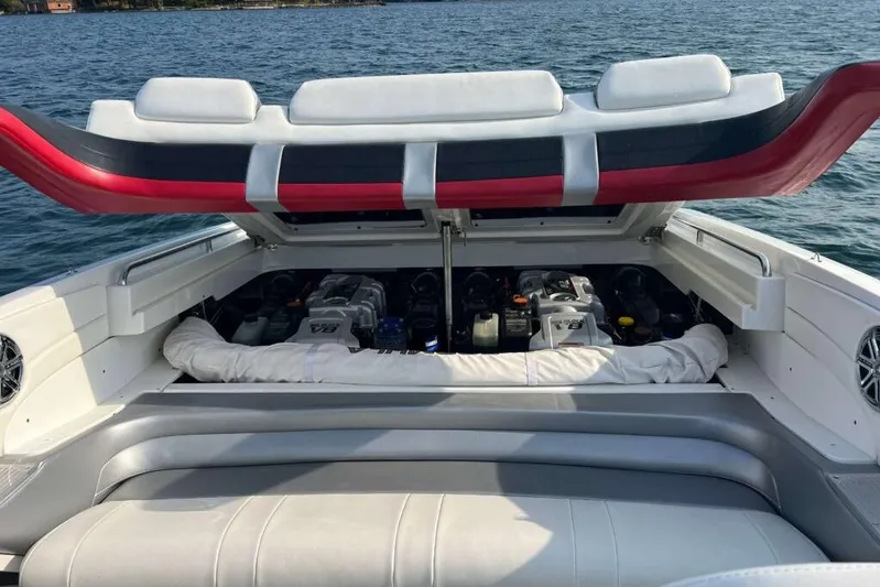  Yacht Photos Pics 2016 Formula 353 FASTech boat engine compartment open on water.