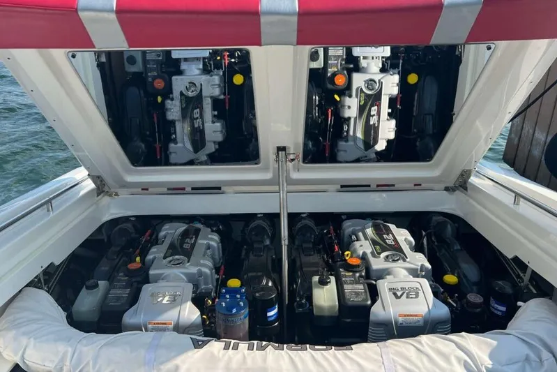  Yacht Photos Pics 2016 Formula 353 FASTech boat engine compartment with dual V8 engines.