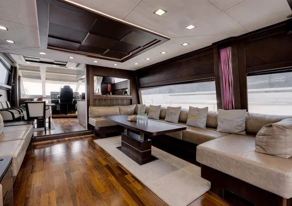  Yacht Photos Pics Luxurious interior of 2018 Galeon 780 Crystal yacht with elegant seating and modern design.