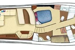  Yacht Photos Pics Floor plan of 2026 Buddy Davis 58 Sportfisherman yacht, showcasing interior layout and design.