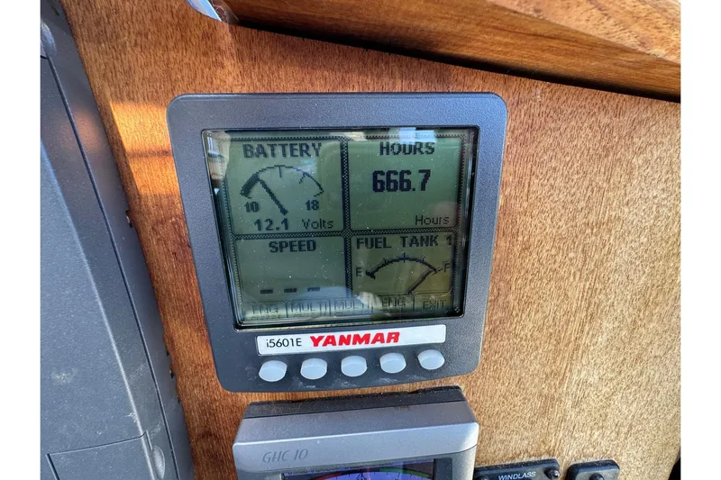 Point Aft'r Yacht Photos Pics Yanmar engine display on 2012 Ranger Tugs R-29, showing battery voltage and engine hours.
