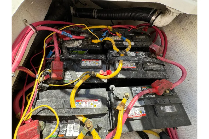 Point Aft'r Yacht Photos Pics Battery compartment of a 2012 Ranger Tugs R-29 with multiple connected batteries.