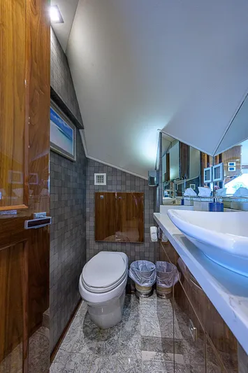 Bella Yacht Photos Pics Luxurious bathroom in a 2018 Viking 92 Sky Bridge yacht with modern fixtures.