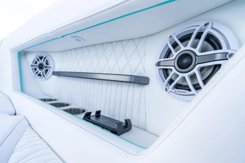  Yacht Photos Pics 2024 Dynamic D-305V interior with premium speakers and cup holders.