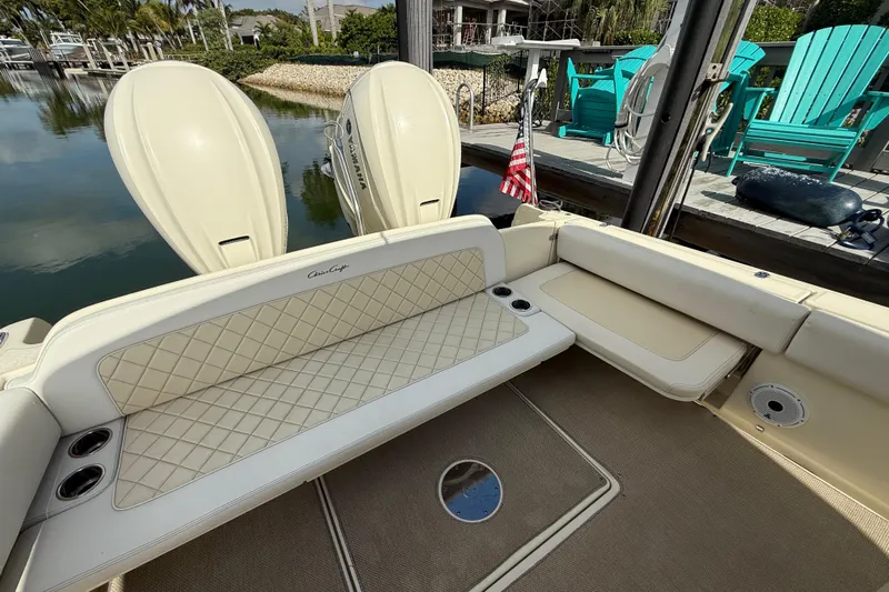  Yacht Photos Pics 2020 Chris-Craft Catalina 34 boat interior with seating and outboard motors.