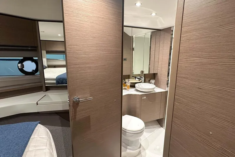 F45079 Yacht Photos Pics Luxurious 2022 Princess F45 yacht interior with modern bathroom and cozy bedroom.