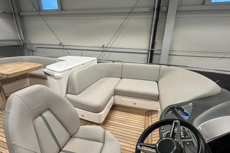 F45079 Yacht Photos Pics Luxurious 2022 Princess F45 yacht interior with plush seating and modern helm.