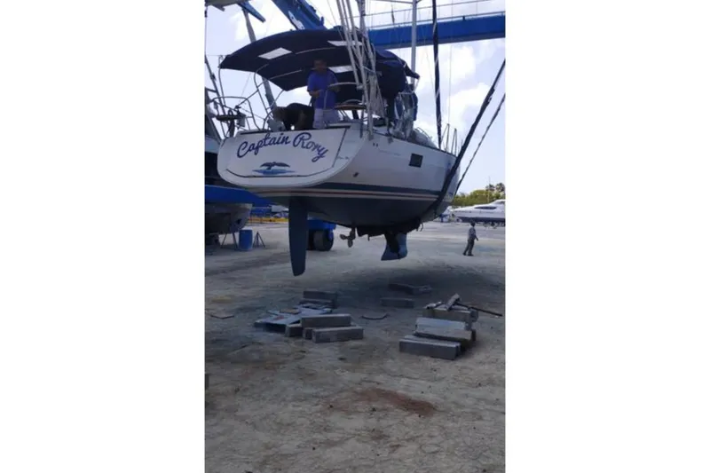  Yacht Photos Pics 2018 Elan Impression 40 sailboat "Captain Rory" in a boatyard lift.
