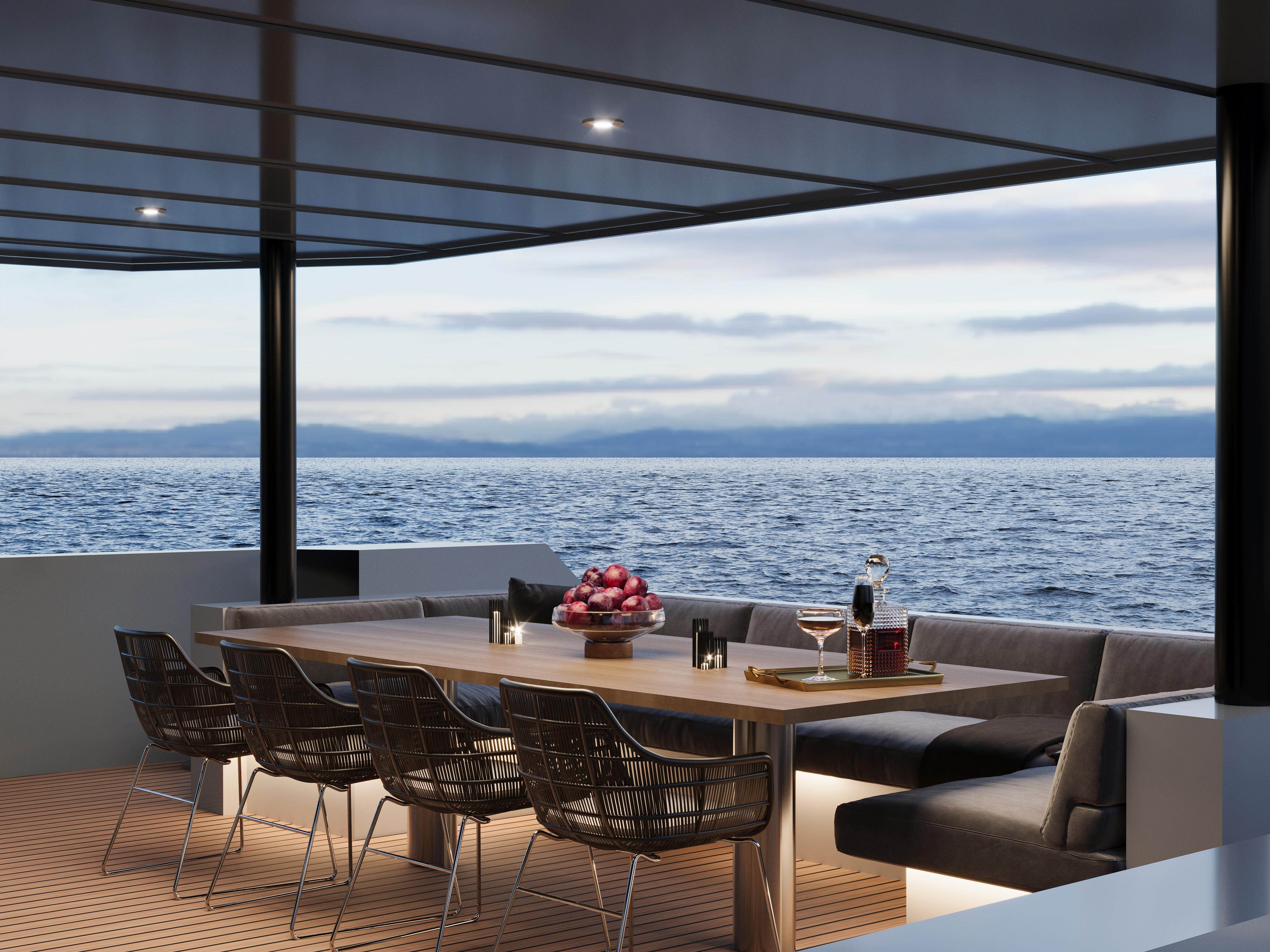 Luxurious yacht deck with dining area, ocean view; Custom Tufan and Brothers Mako Shark, 2027.
