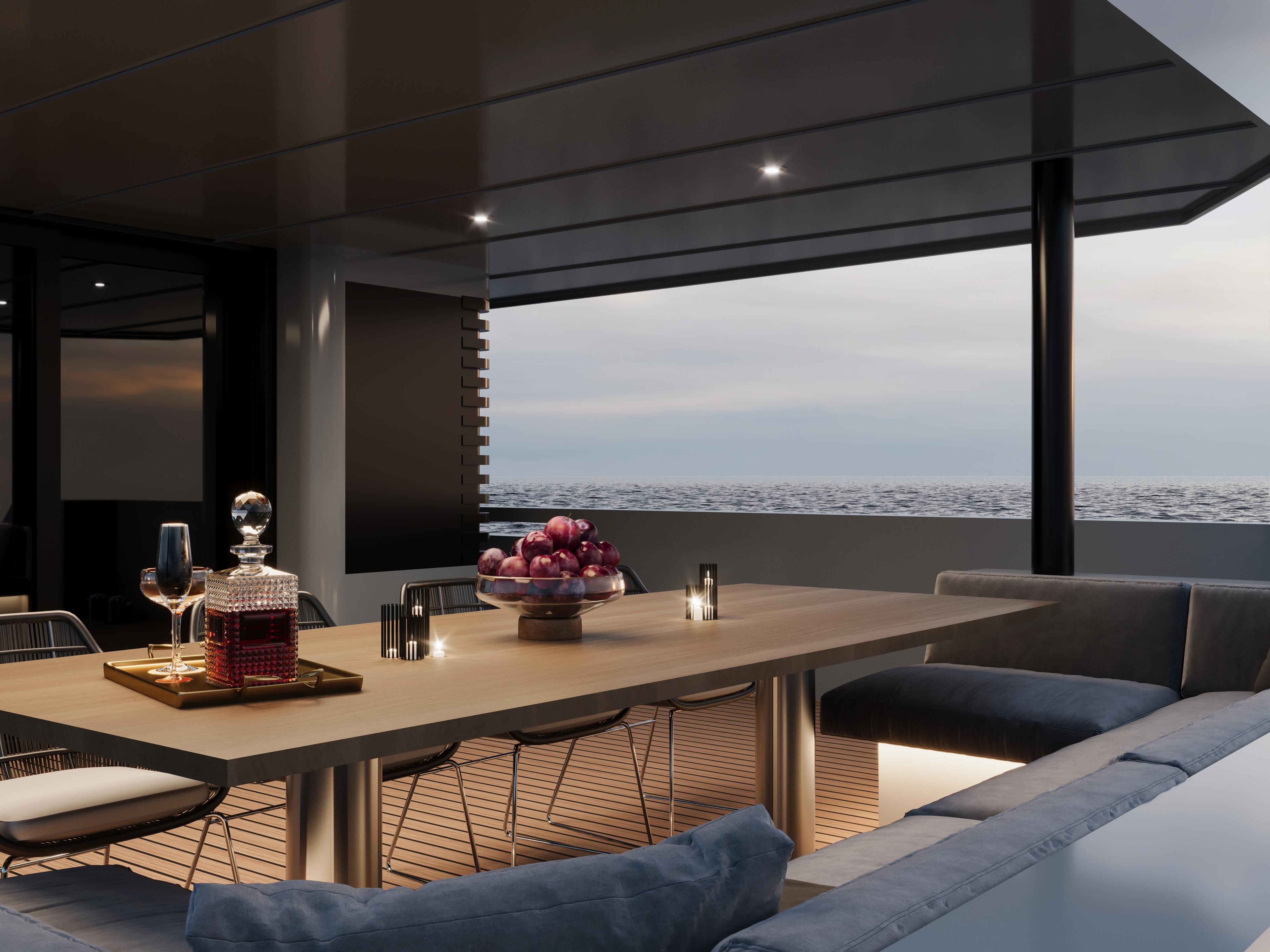 Luxurious yacht deck with dining area, featuring elegant table setting and ocean view.