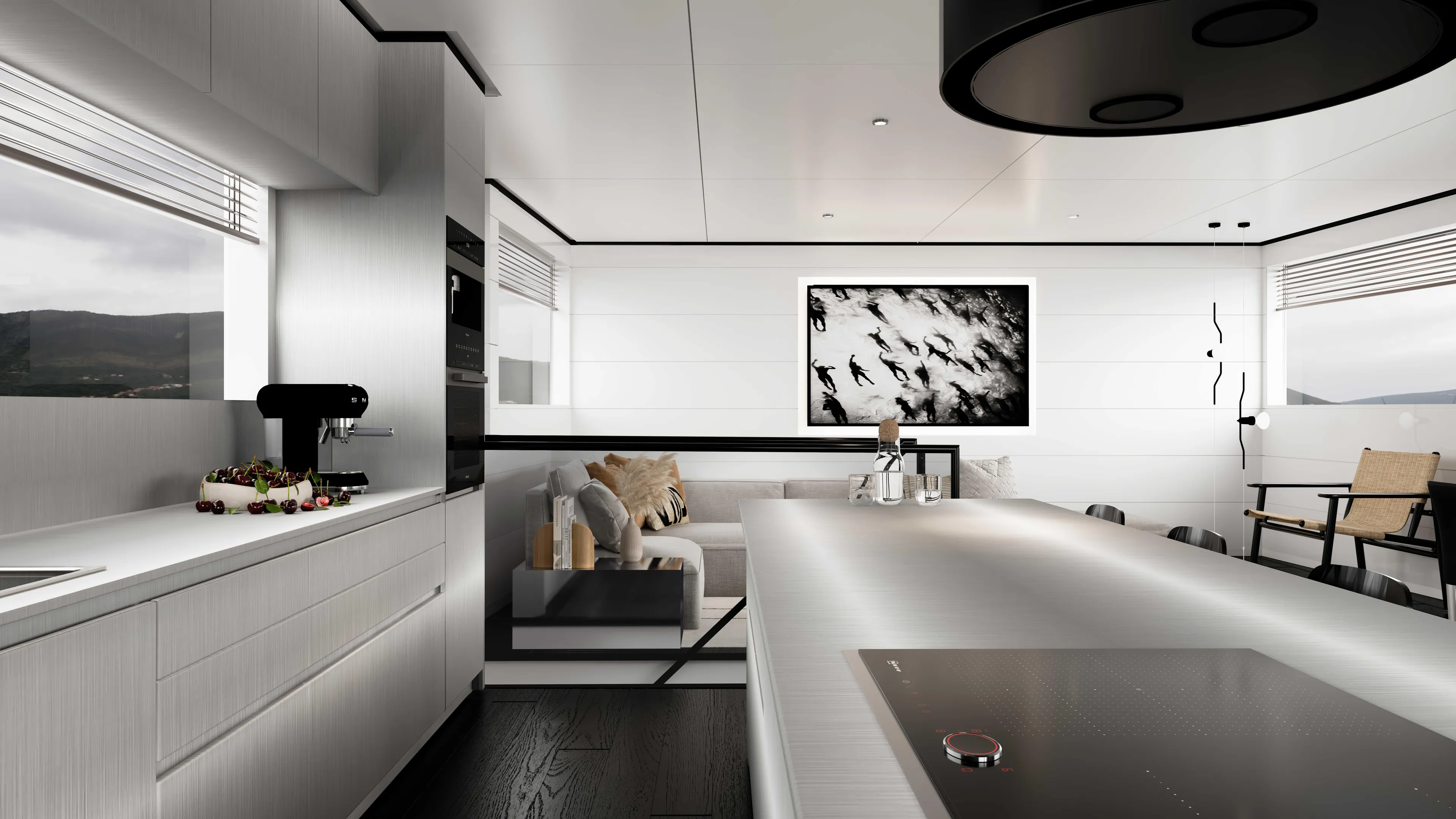  Yacht Photos Pics Luxurious modern kitchen interior on a 2027 Tufan and Brothers Mako Shark yacht.