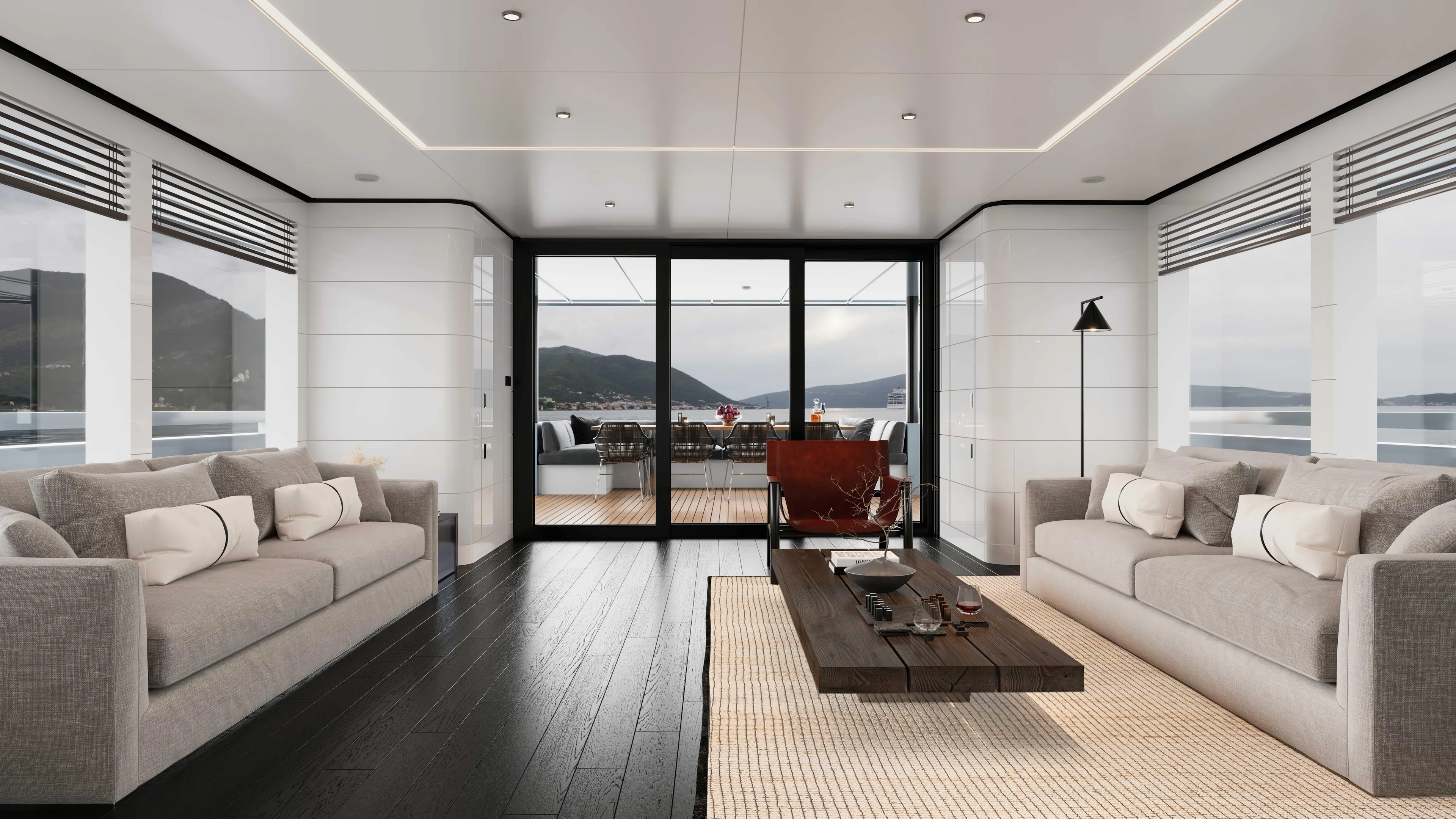  Yacht Photos Pics Luxurious yacht interior with modern decor, featuring sofas and a wooden coffee table, 2027 model.