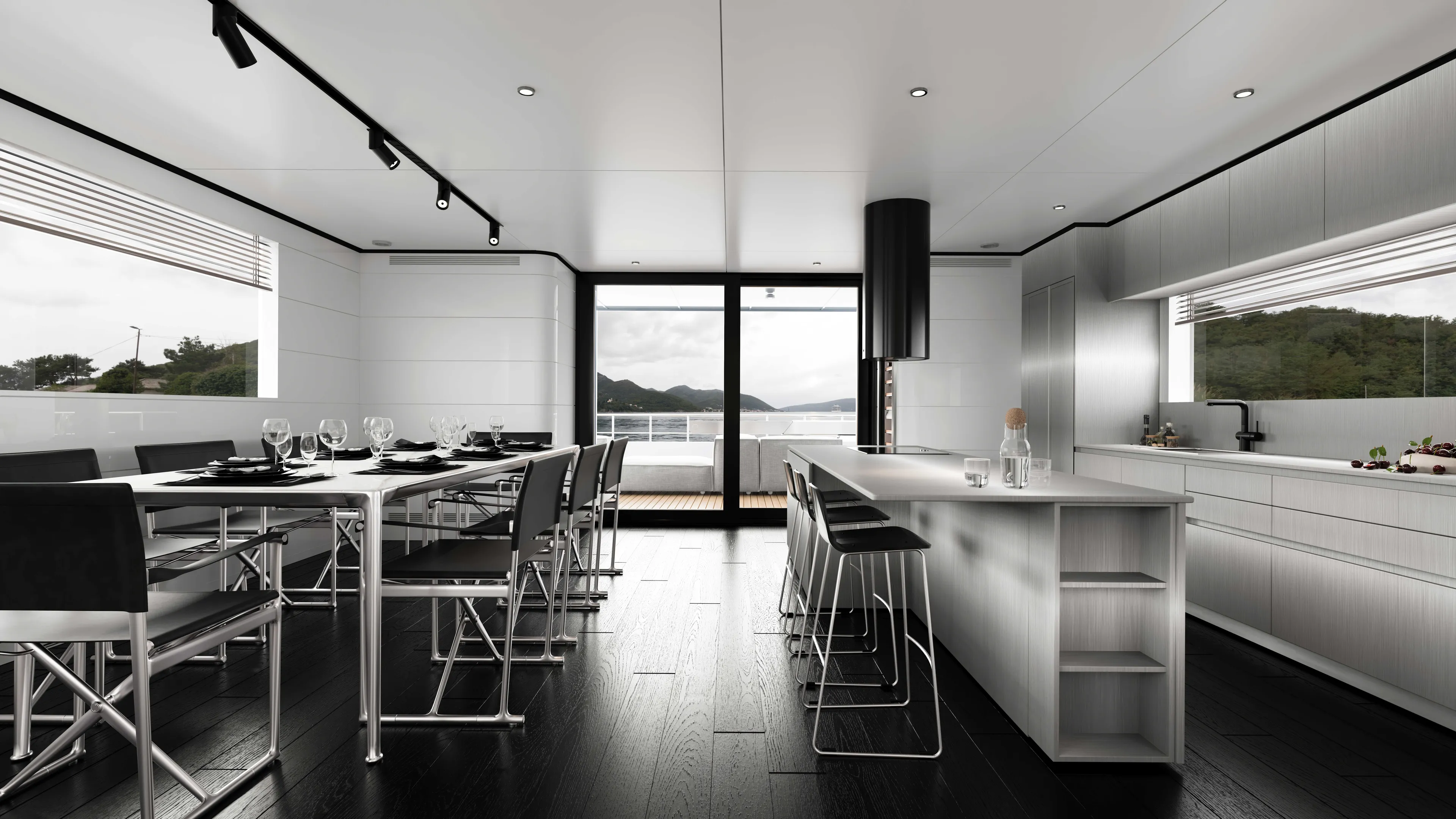  Yacht Photos Pics Modern yacht interior with sleek dining area, minimalist design, and panoramic windows.