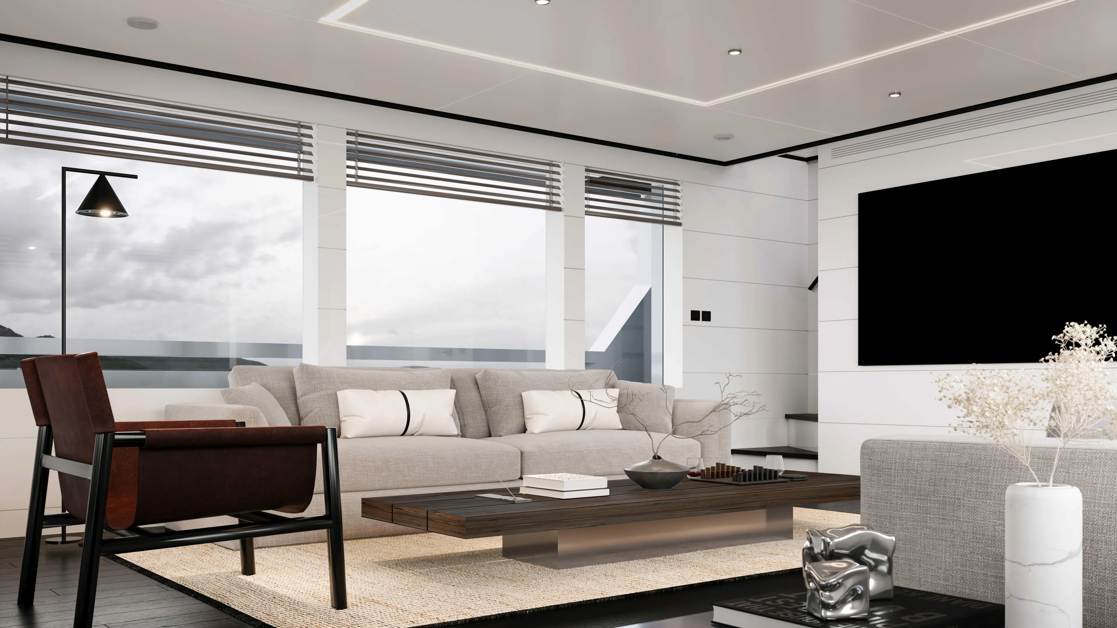  Yacht Photos Pics Modern yacht interior with sleek design, featuring a spacious lounge area and large windows.