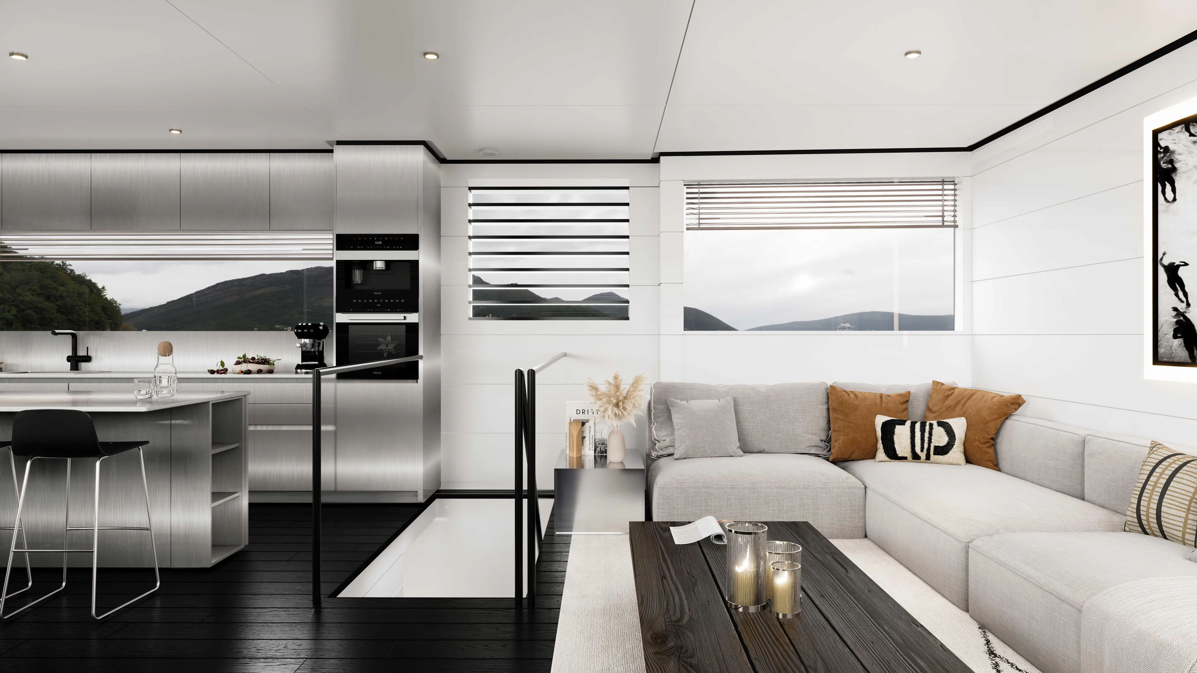  Yacht Photos Pics Modern yacht interior with sleek kitchen and cozy living area, Custom Tufan and Brothers Mako Shark 2027.