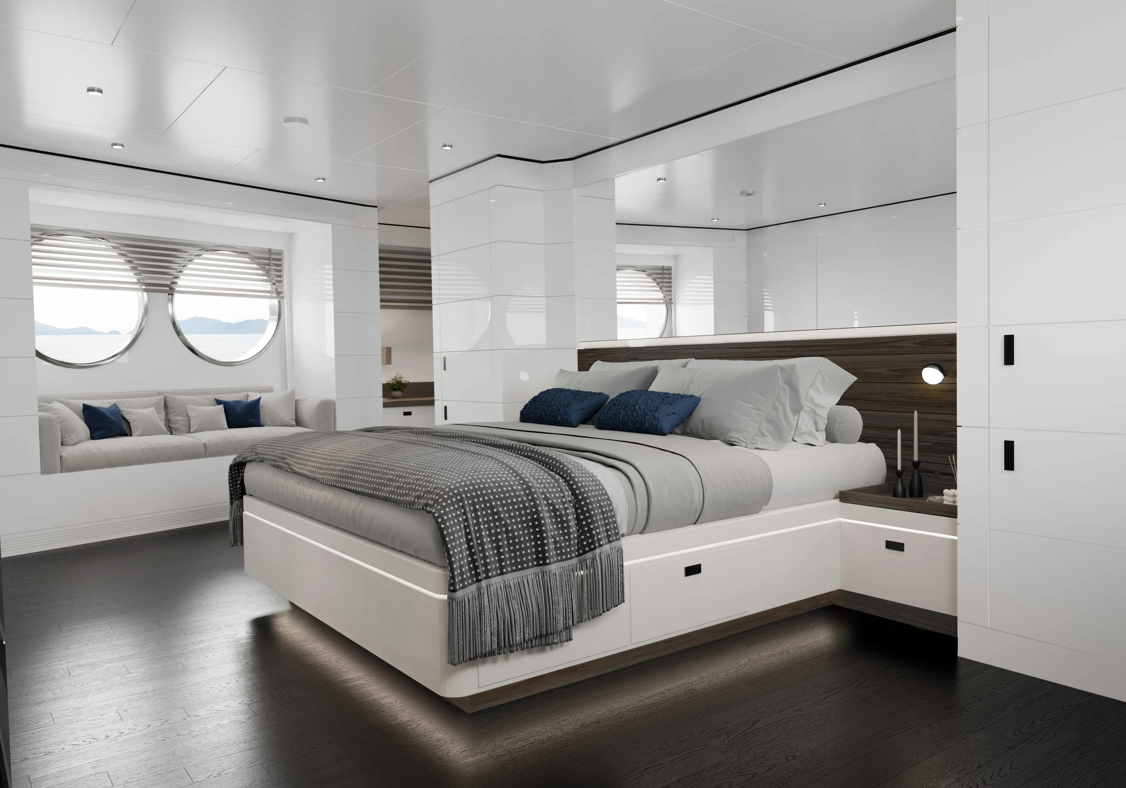  Yacht Photos Pics Luxurious bedroom interior on 2027 Custom Tufan and Brothers Mako Shark yacht.