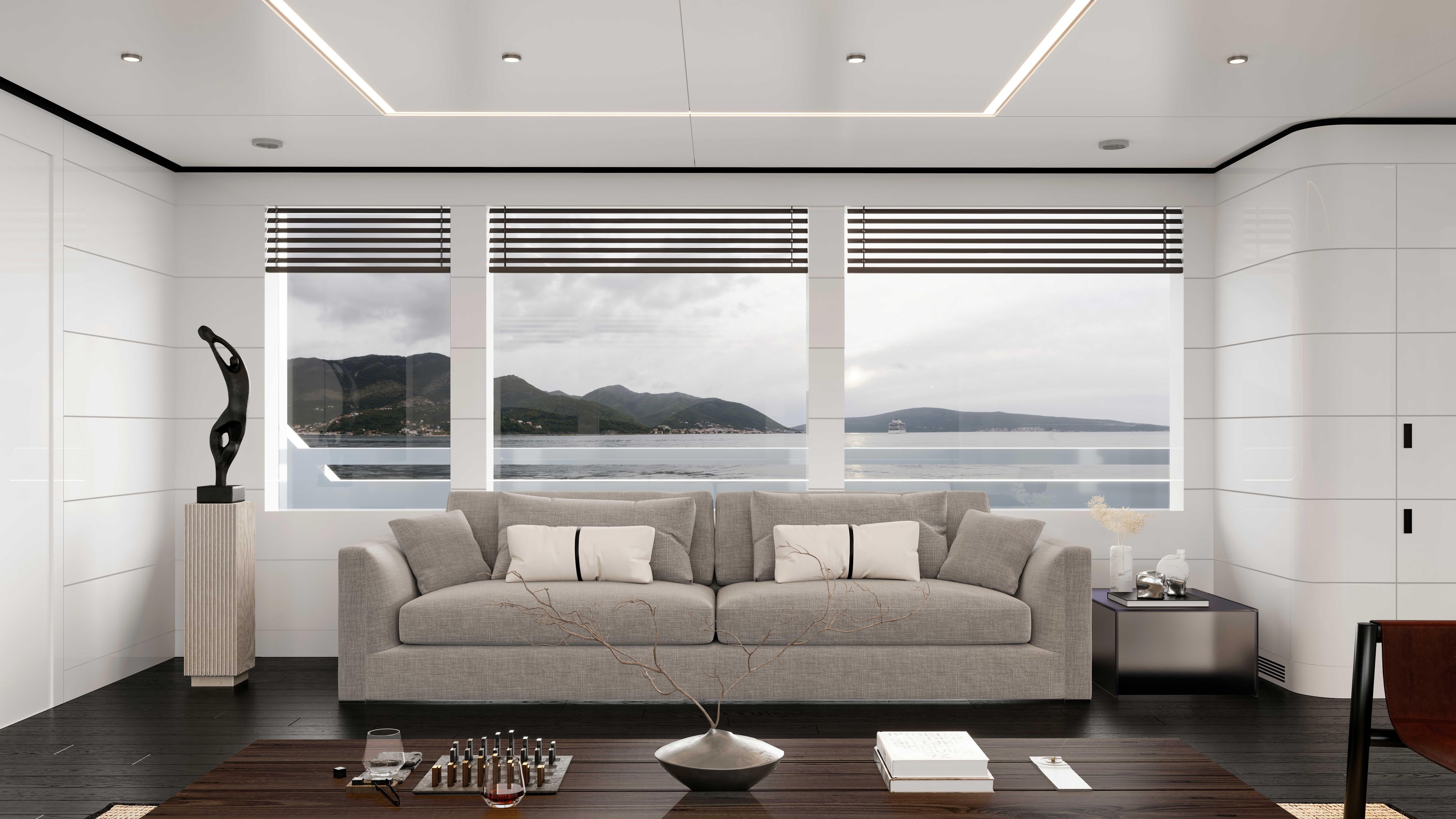 Luxurious yacht interior with modern decor, large windows, and ocean view. Custom Tufan and Brothers Mako Shark 2027.
