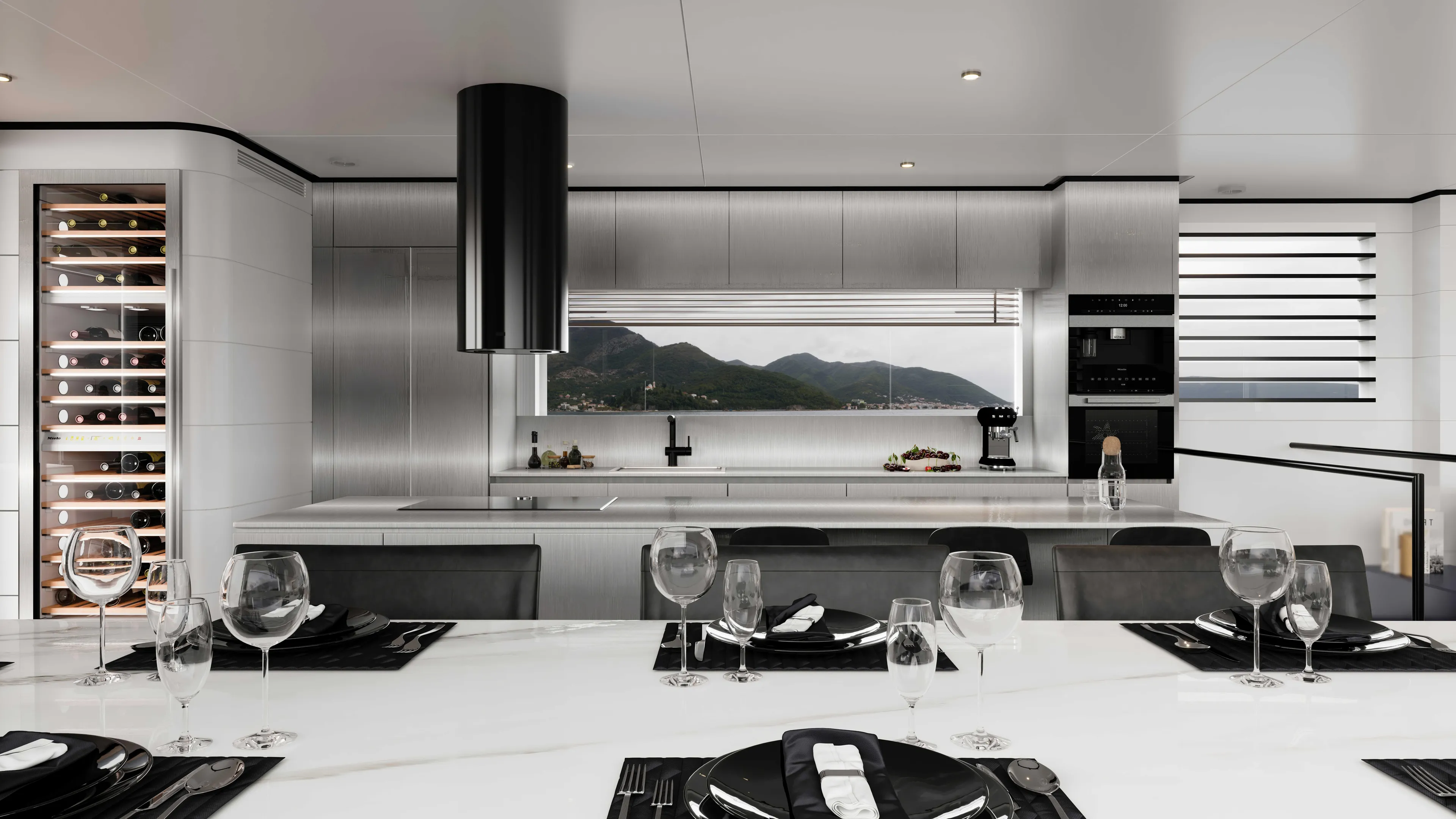  Yacht Photos Pics Luxurious modern kitchen with sleek design, featuring a wine cooler and scenic window view.