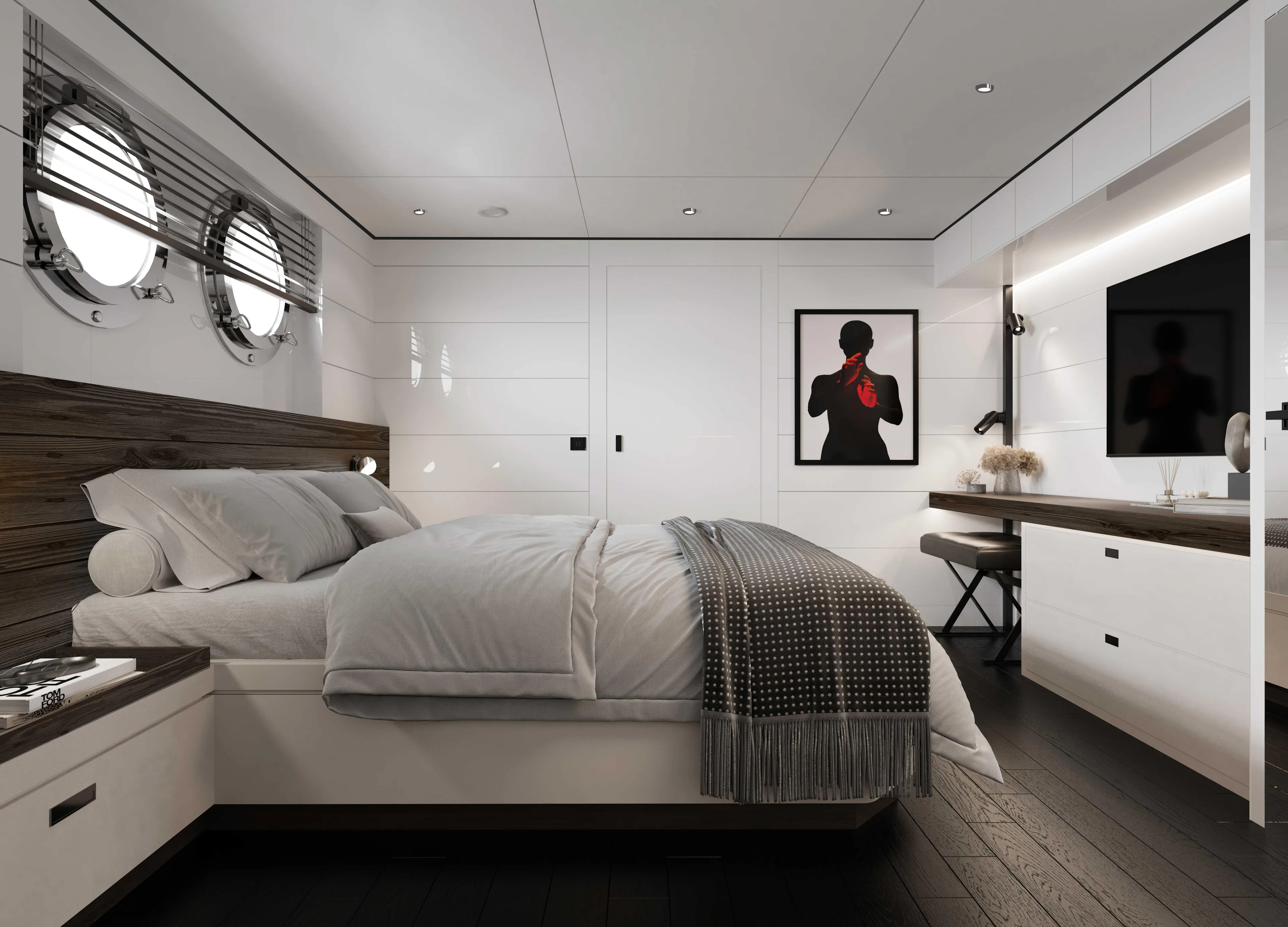  Yacht Photos Pics Luxurious yacht bedroom with modern decor, featuring a cozy bed, artwork, and porthole windows.