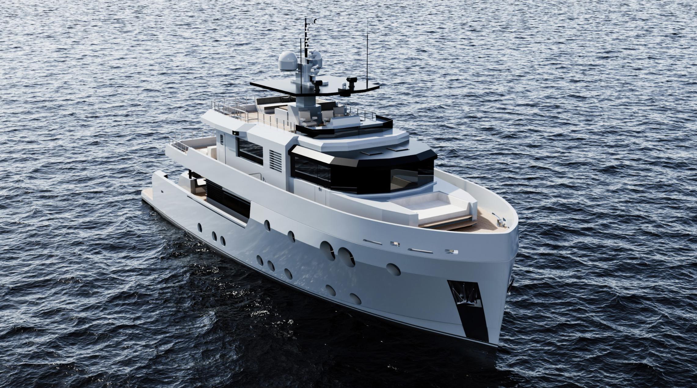 Luxurious 2027 Tufan and Brothers Mako Shark yacht cruising on open sea.