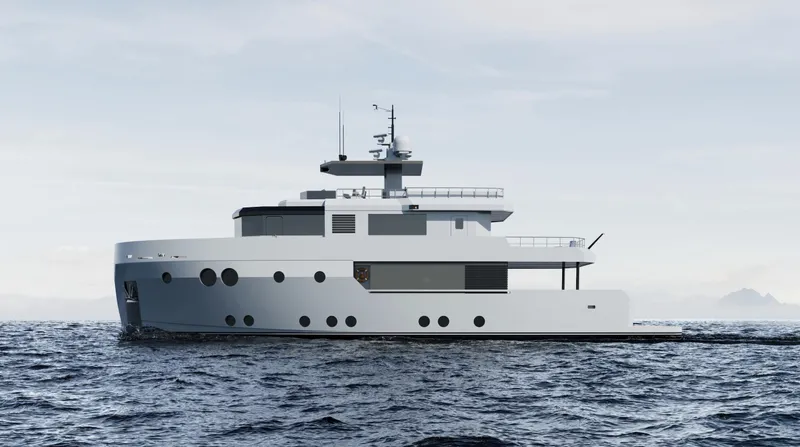  Yacht Photos Pics Custom Tufan and Brothers Mako Shark yacht, 2027 model, cruising on open sea.