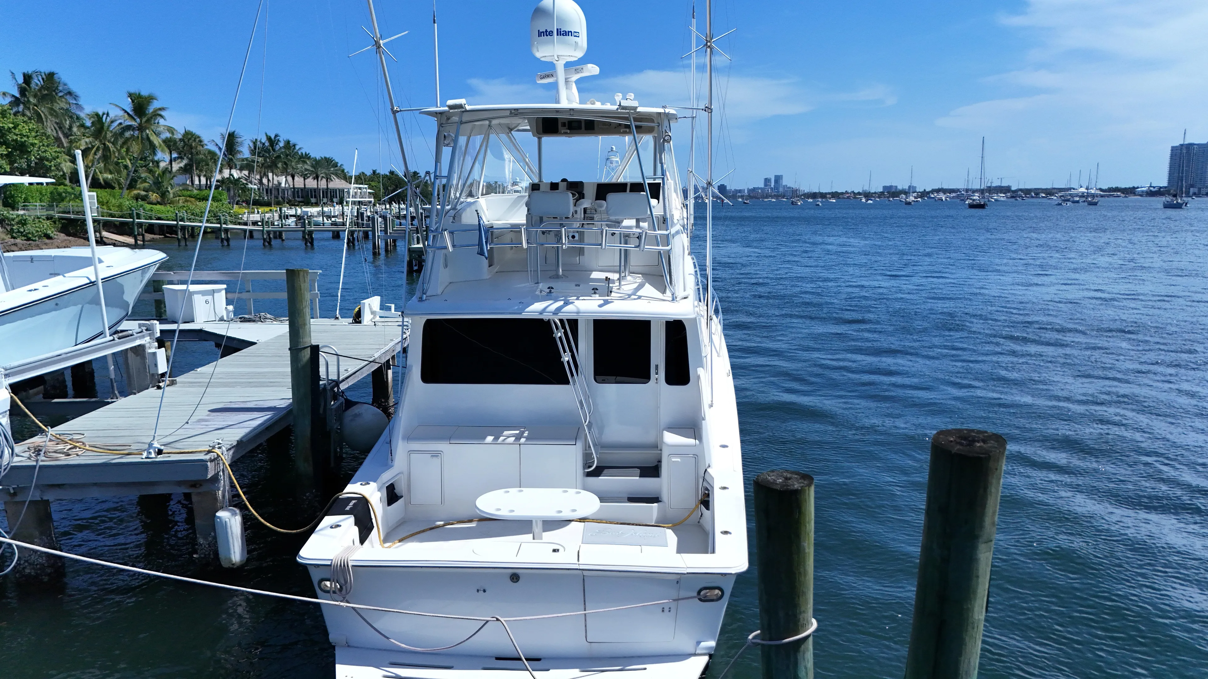 No Name Yacht Photos Pics 2002 Ocean Yachts 52 SUPER SPORT docked at marina with scenic ocean view.