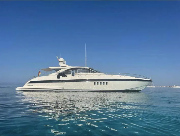  Yacht Photos Pics 2006 Mangusta 80 yacht on calm blue water under clear sky.