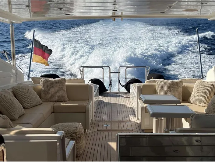  Yacht Photos Pics Luxurious 2006 Mangusta 80 yacht deck with seating, German flag, and ocean view.