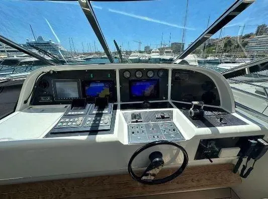  Yacht Photos Pics Control panel of a 2006 Mangusta 80 yacht, featuring navigation and monitoring systems.