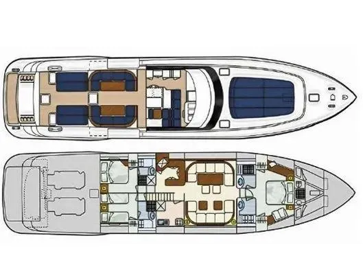  Yacht Photos Pics Floor plan of a 2006 Mangusta 80 yacht, showcasing upper and lower deck layouts.