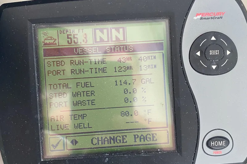  Yacht Photos Pics Mercury SmartCraft display on 2007 Sea Ray 38 Sundancer showing vessel status and fuel data.