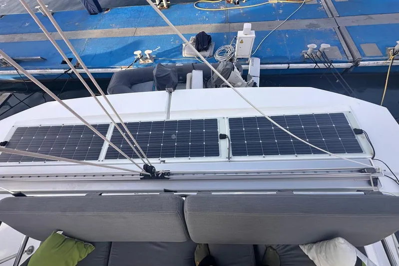  Yacht Photos Pics 2020 Fountaine Pajot Saona 47 catamaran with solar panels at dock.